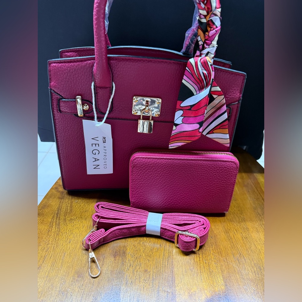 NEW SOFT Vegan Magenta Handbag Set with Wallet, Crossbody Strap and Twilly
